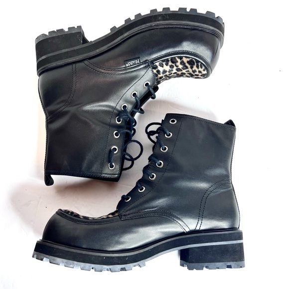 Retro Mudd Boots Combat Moto Y2K Leopard Black Genuine Leather 10 Lace Up - Picture 12 of 17